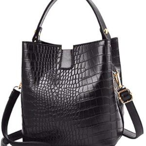 Alligator Bucket PU Purse Crossbody Bag (Black)